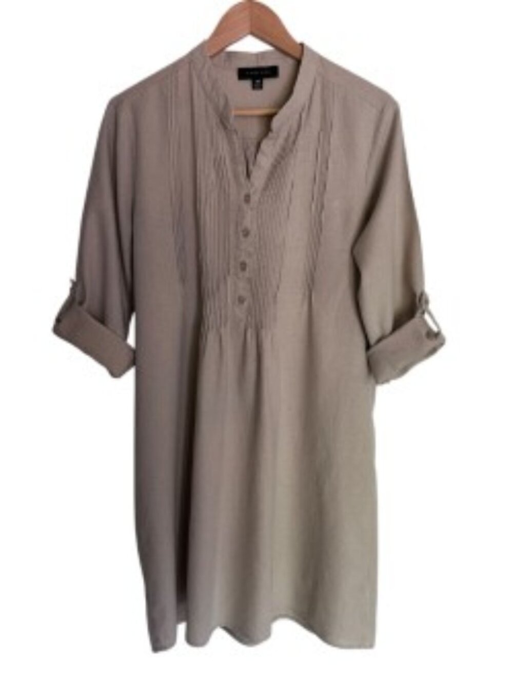 Tahari Tan Pintuck Linen Blend Tunic Dress Medium